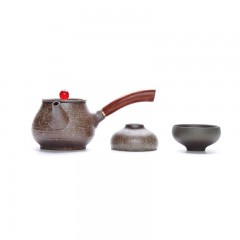 【伯利好】JS-F050-SXH9523-01 日式复古手工拉胚 粗陶侧把茶壶 功夫茶具 家用陶瓷 普洱木柄泡茶壶