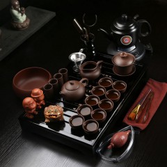 【伯利好】JS-F050-5952862586589 功夫茶具套装 家用 紫砂 陶瓷组合装整套 实木茶盘 茶海 四合一茶道