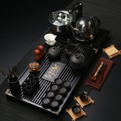 【伯利好】JS-F050-58952985956 紫砂茶具套装 家用 功夫陶瓷茶壶 四合电热磁炉 中式简约茶台 实木茶盘