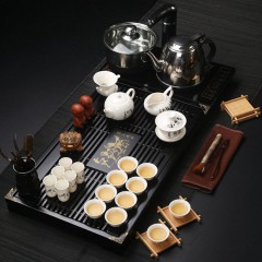 【伯利好】JS-F050-58952985956 紫砂茶具套装 家用 功夫陶瓷茶壶 四合电热磁炉 中式简约茶台 实木茶盘
