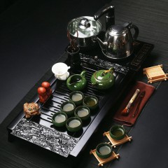 【伯利好】JS-F050-58952985956 紫砂茶具套装 家用 功夫陶瓷茶壶 四合电热磁炉 中式简约茶台 实木茶盘