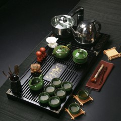 【伯利好】JS-F050-58952985956 紫砂茶具套装 家用 功夫陶瓷茶壶 四合电热磁炉 中式简约茶台 实木茶盘