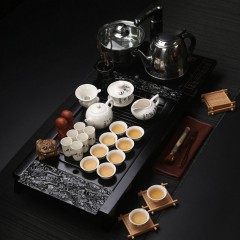 【伯利好】JS-F050-58952985956 紫砂茶具套装 家用 功夫陶瓷茶壶 四合电热磁炉 中式简约茶台 实木茶盘