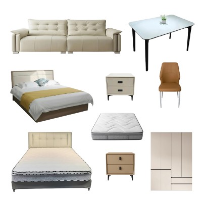 现代家具套餐 两室一厅现代家具套餐15件 2床+4床头柜+1衣柜+2床垫  1桌+4椅 直排沙发 客厅餐厅卧室家具组合