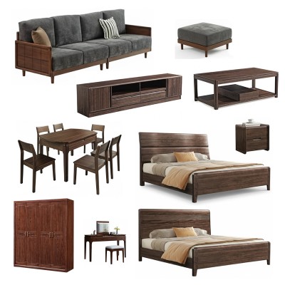 中式套餐1 两室两厅家具套餐17件套 黑胡桃中式客厅直排沙发 卧室2床+4床头柜 妆台 衣柜 餐厅1桌4椅